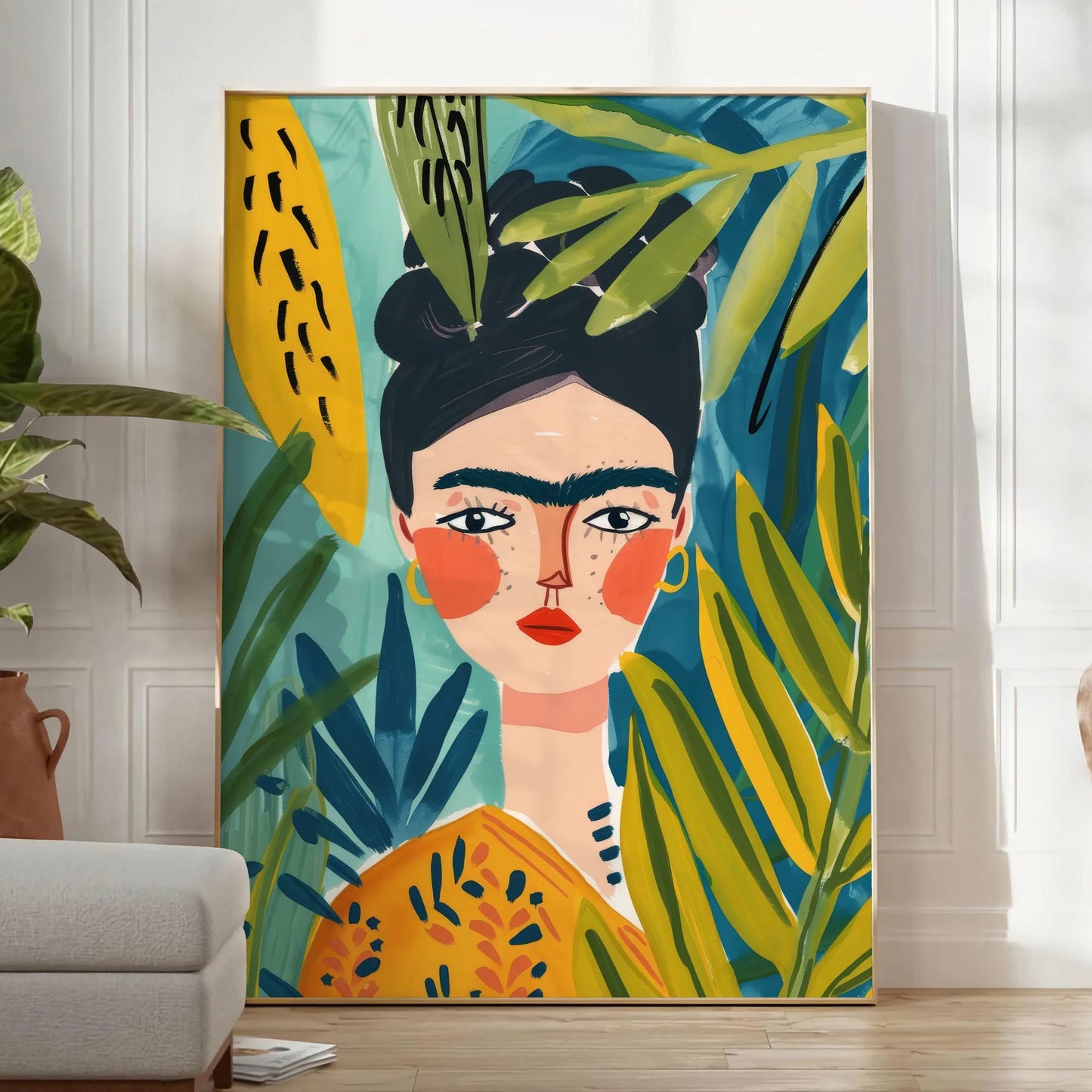 space vibrant tropical woman graphic poster lush green sunny yellow hues wall art unique gift captivating print room warmth style A4 cm A0 sizes