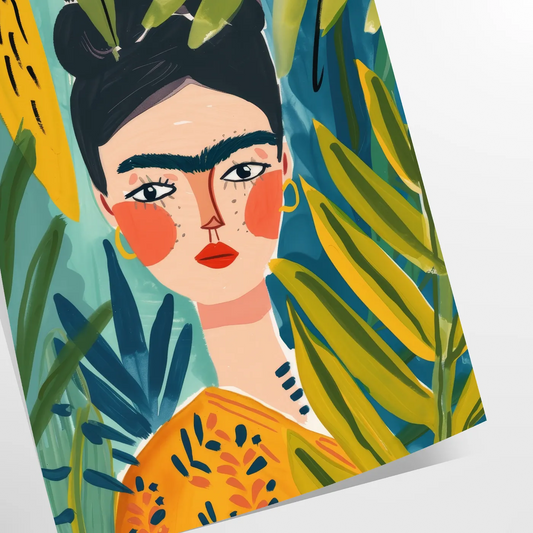 space vibrant tropical woman graphic poster lush green sunny yellow hues wall art unique gift captivating print room warmth style A4 cm A0 sizes