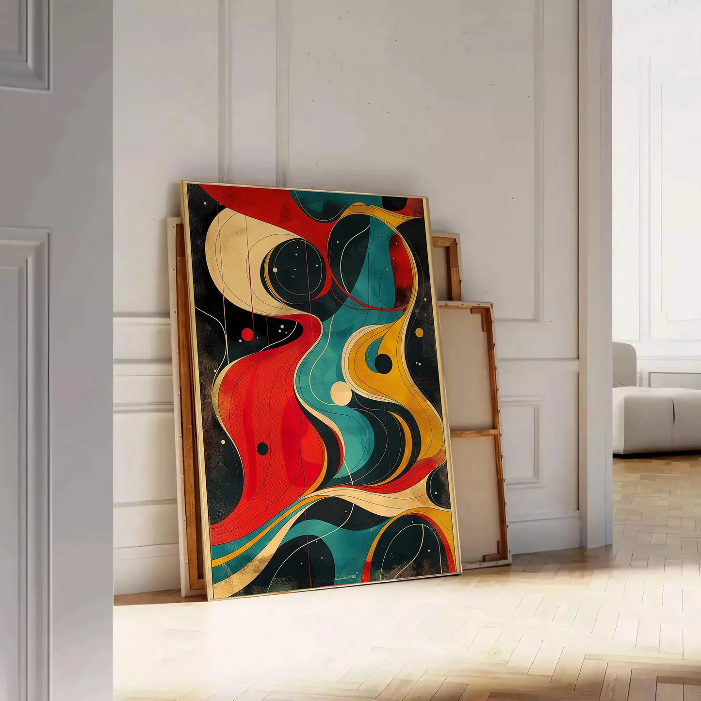 captivating world twist art stunning poster dynamic black orange hues wall piece depth intrigue space unique artwork thoughtful gift frame